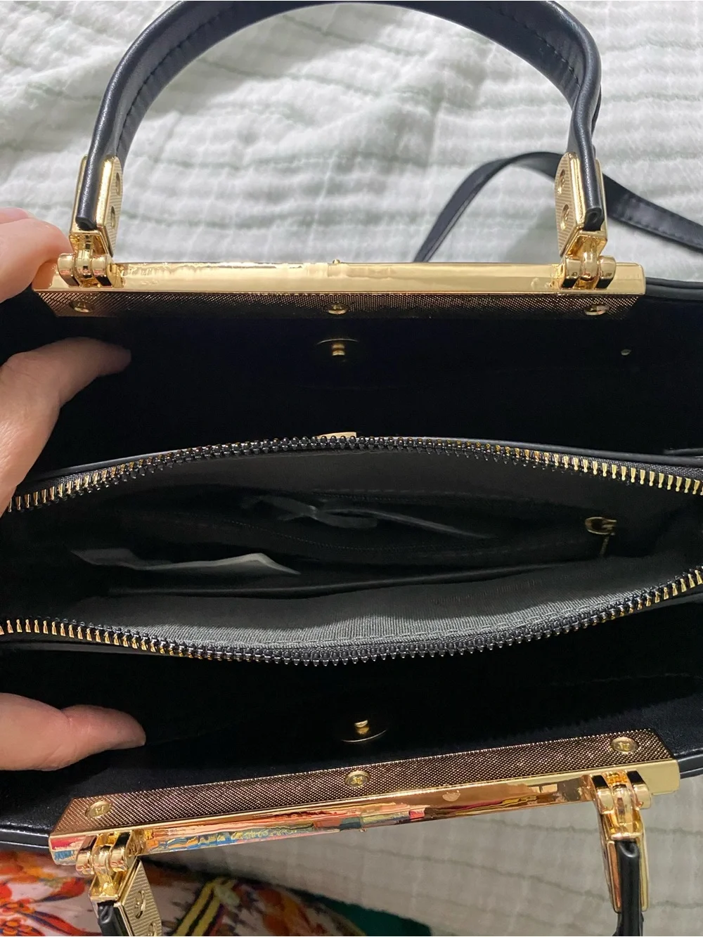 Black Ostrich-Embossed Satchel with Gold Hardware